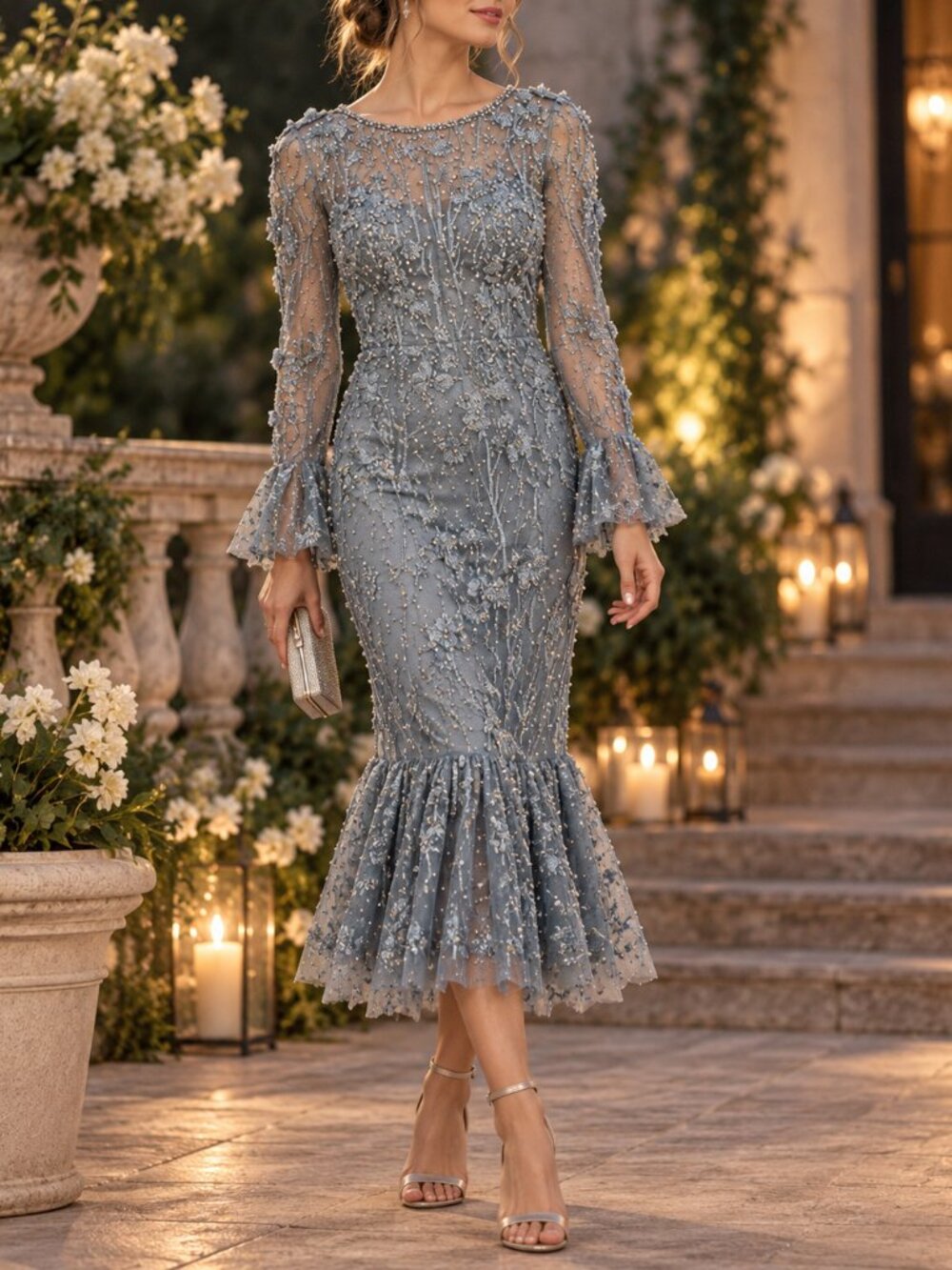 NWT Mac Duggal 20431 Ocean Blue Embellished Beaded Mesh Midi Dress Sz 4
